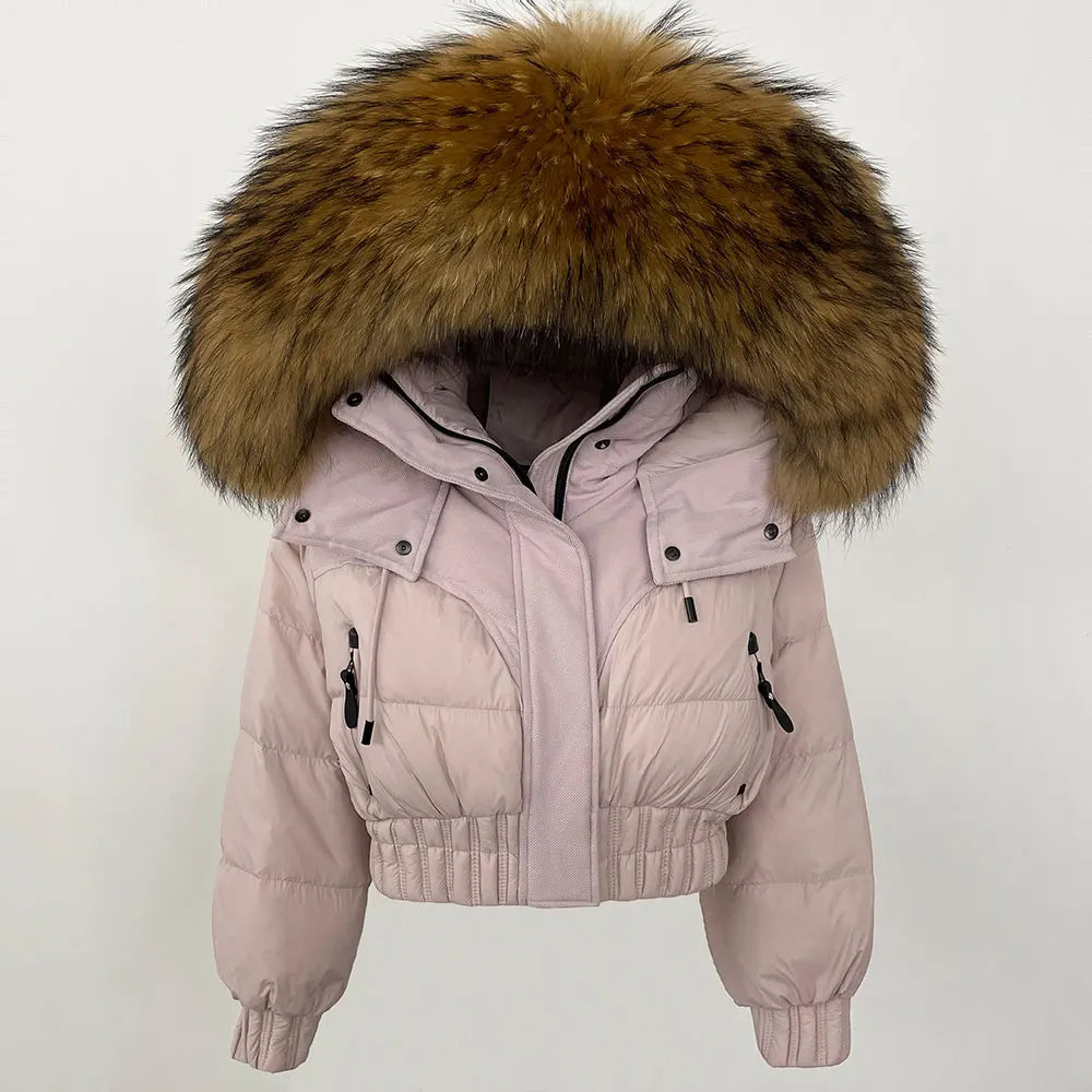 Short Hooded Down Coat with Real Raccoon Fox Fur Collar Warm and Casual