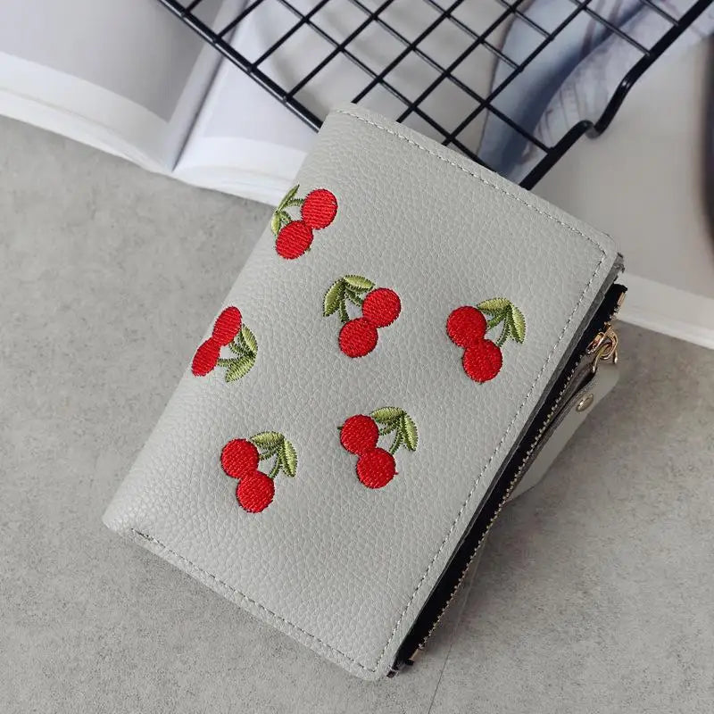 Women Vertical Buckle Cherry Embroidered Small Short Wallet – Simple Wallet, Girls Zipper Purse.