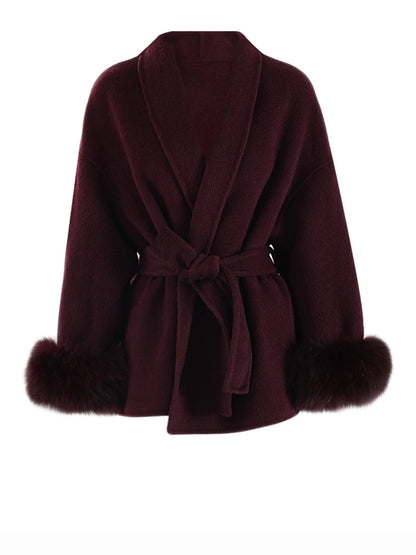 Wine Red Woolen Coat with Fur Cuffs and Belted Design