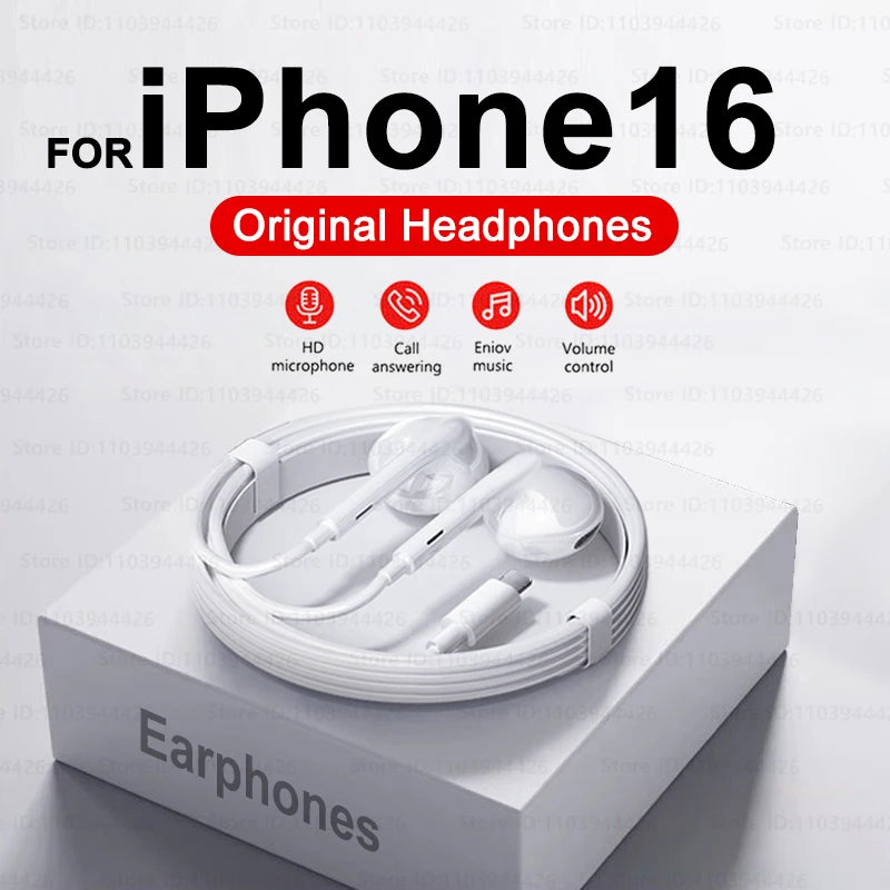 2024 Headphones For iPhone 16 Pro Max 15 14 13 12 11 Mini in-ear Earphones X XS XR 7 8 6 6S Plus Wired Headset Phone Accessories