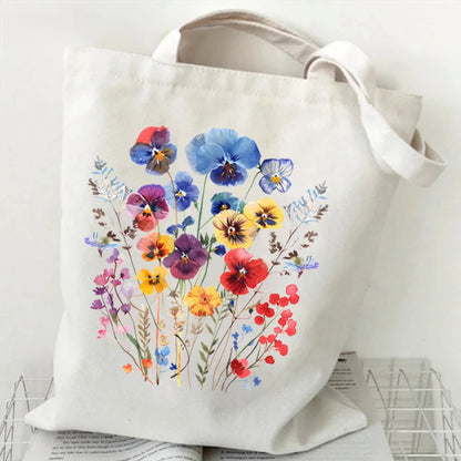 Boho Wildflowers Pattern Canvas Tote Bag – Retro Graphics Reusable Shopper Bag for Women, Stylish Cloth Handbag for Everyday Use