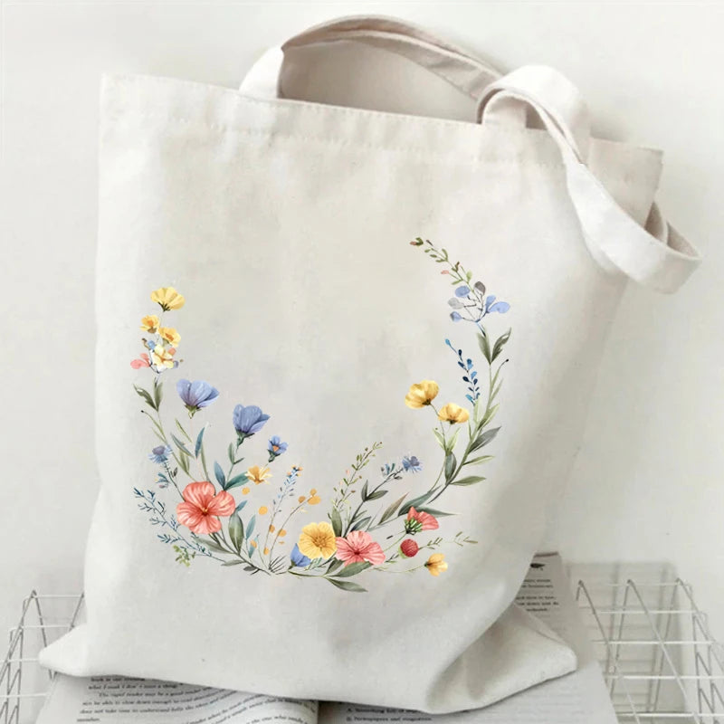 Boho Wildflowers Pattern Canvas Tote Bag – Retro Graphics Reusable Shopper Bag for Women, Stylish Cloth Handbag for Everyday Use