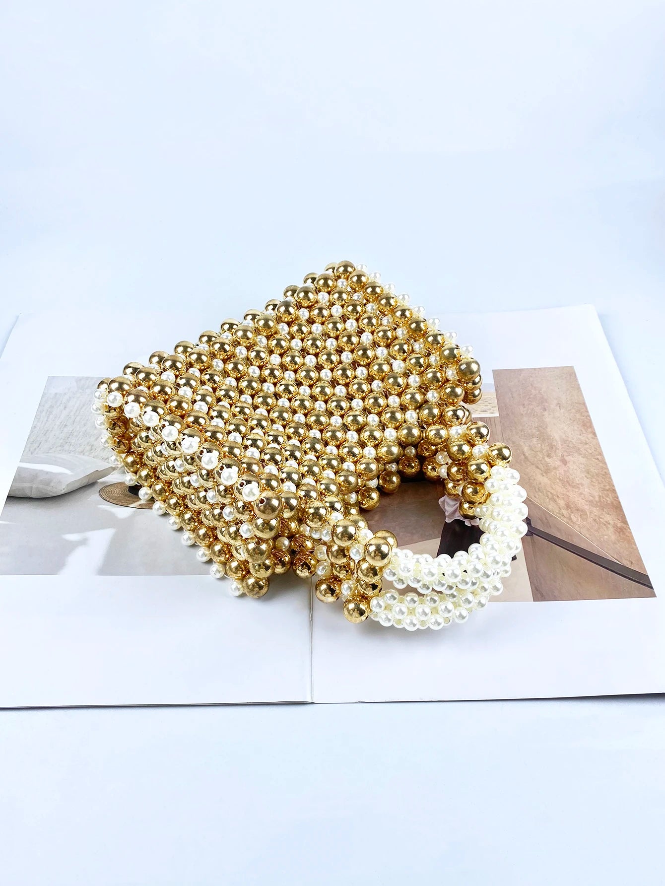 Mobile Phone Bag: Gold Beads, Acrylic Handheld, Beaded Handmade, Casual Dinner