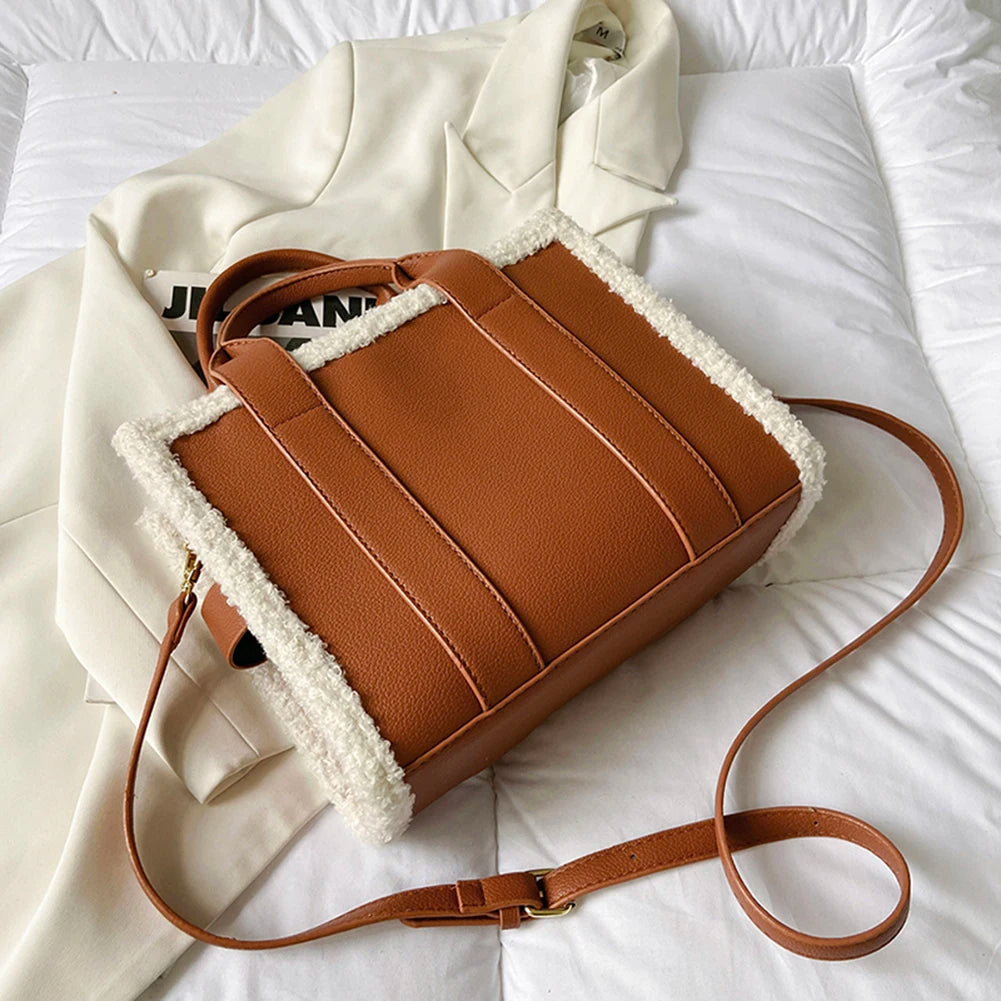 Winter Soft Lamb Wool Stitching Top-Handle Bags PU Leather Fashion Small Crossbody Bags Letter Print Ladies Square The Tote Bags