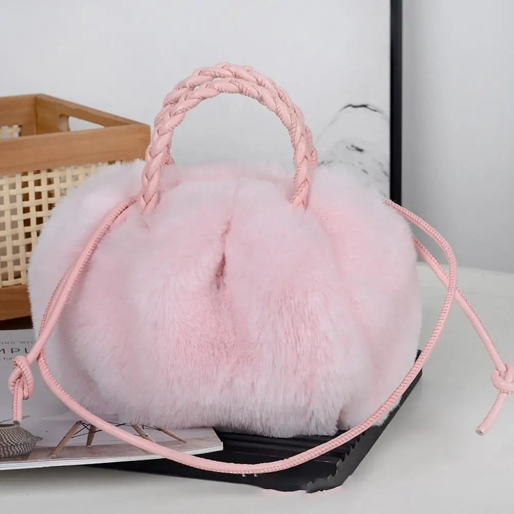 Cute Pumpkin Plush Shoulder Bag - Winter Rabbit Fur Crossbody Tote for Girls