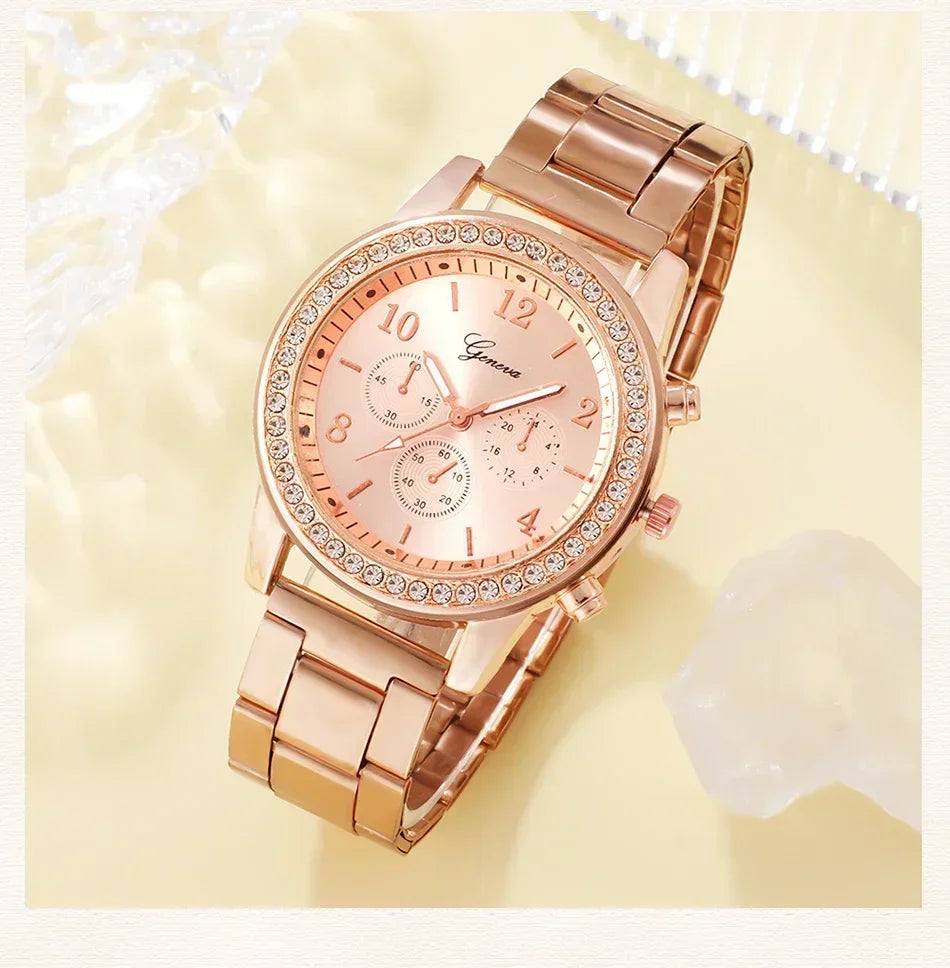 6st set Rose Gold Luxury Watch Dam Ring Halsband Örhänge Strass Mode Armbandsur Casual Dam Armband Klockor