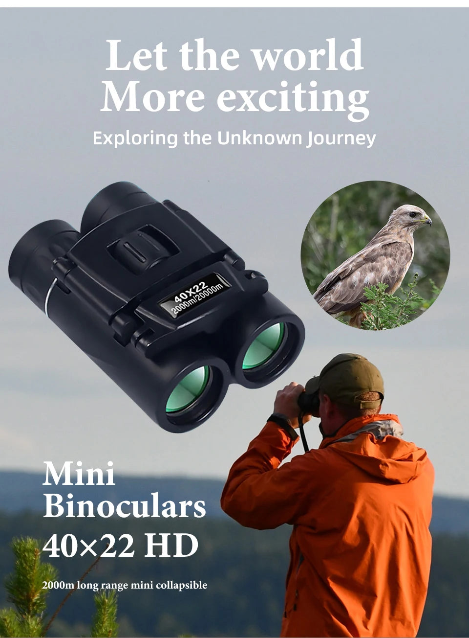 40x22 HD Powerful Binoculars 2000M Long Range Folding Mini Telescope BAK4 FMC Optics For Hunting Sports Outdoor Camping Travel