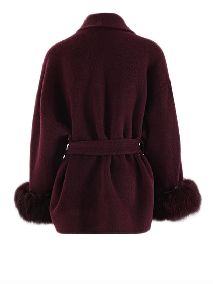 Wine Red Woolen Coat with Fur Cuffs and Belted Design