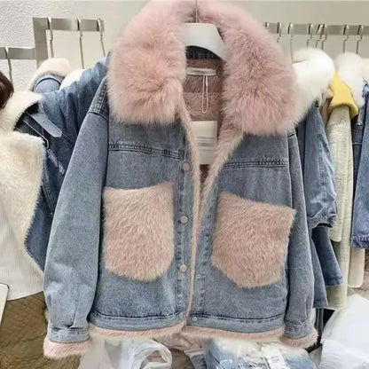 Women's Korean Style Fleece Lined Denim Jacket with Cotton Filling