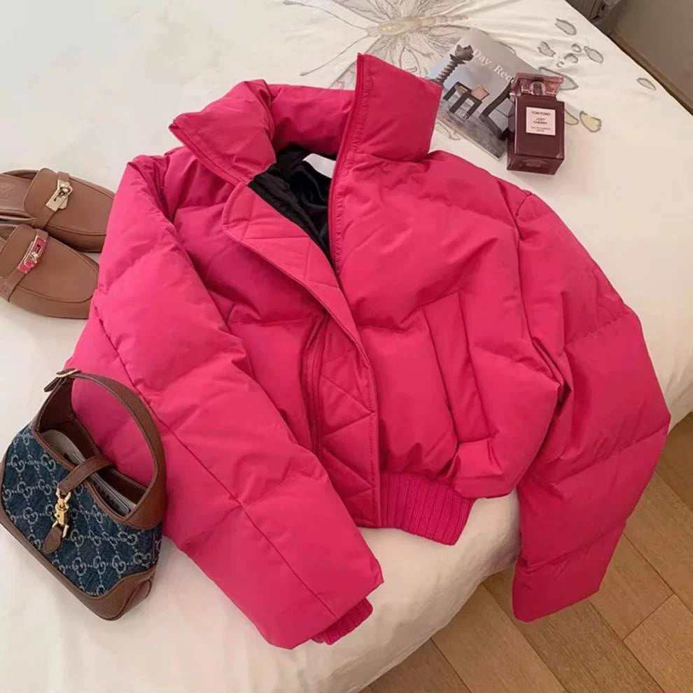 Women's Red Cotton Padded Jacket with Mock Neck and Zipper