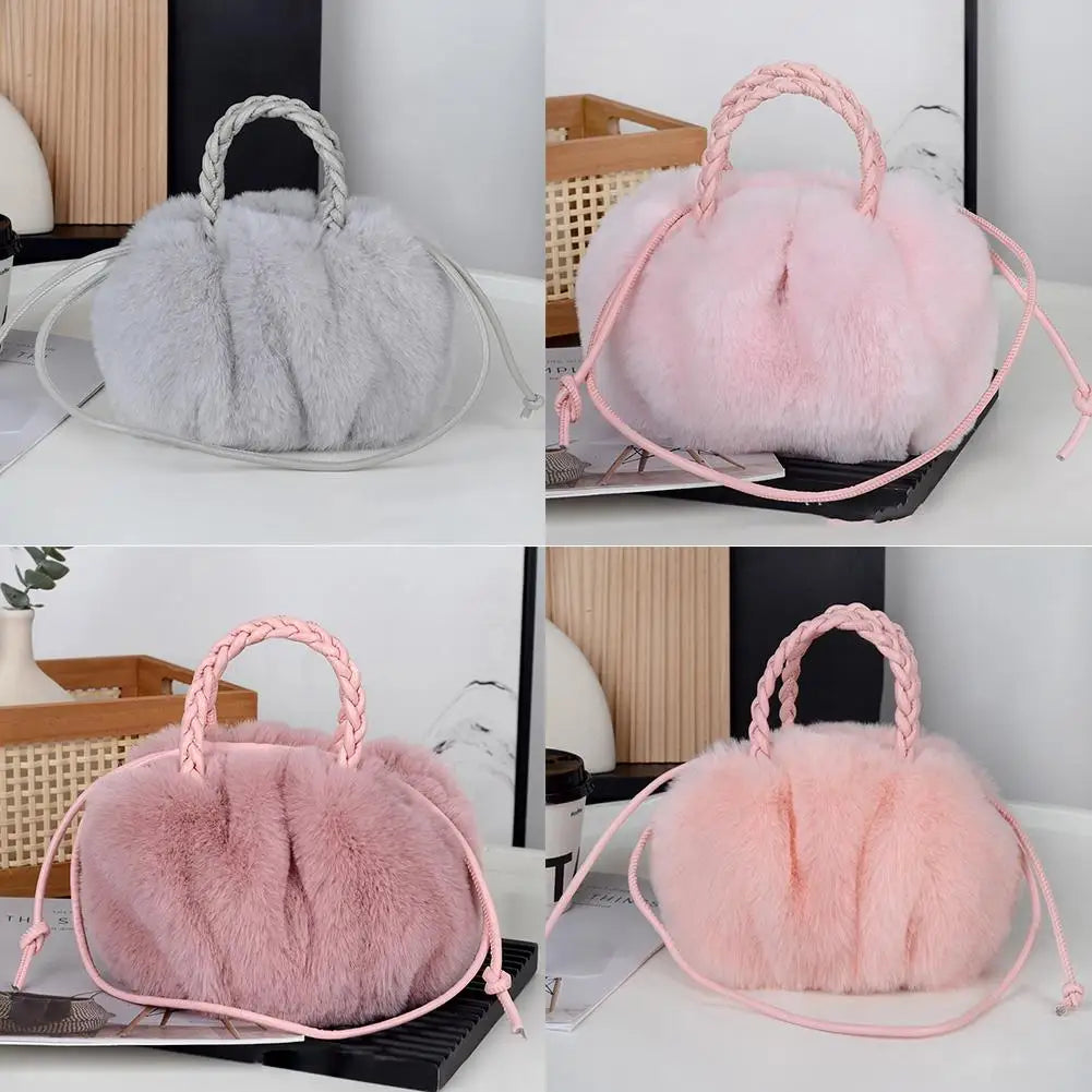 Cute Pumpkin Plush Shoulder Bag - Winter Rabbit Fur Crossbody Tote for Girls