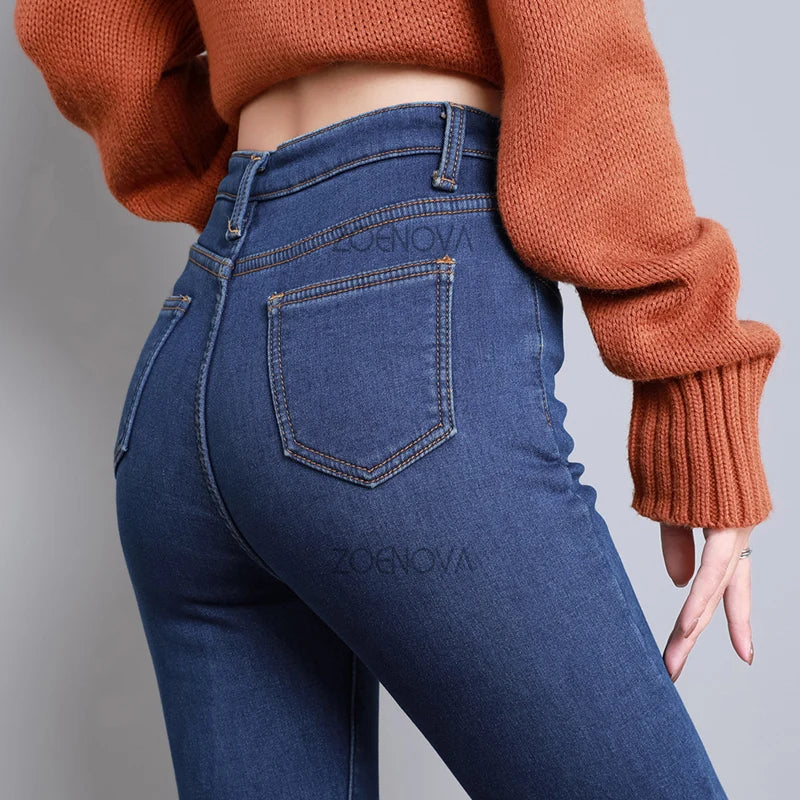 ZOENOVA  Women Thick Velvet Jeans Fleece  Warm Korean Fashion High Waist Skinny Elastic Pants Jean Casual Legging Winter 2023