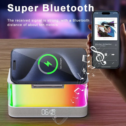 6-in-1 Wireless Charging Station – Magnetic Fast Charger, Bluetooth Speaker, Clock & Night Light