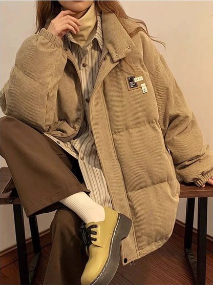 Oversized Corduroy Puffer Coat with Pockets Warm and Retro Y2K Style