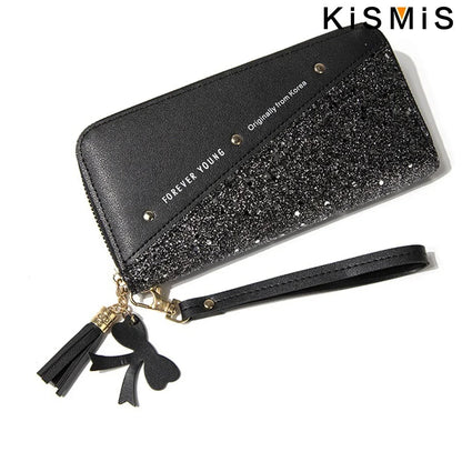 Women's Leather Wallet – Stylish Long Zip Design with Korean Patchwork, Color Blocking, Tassel, and Stud Accents