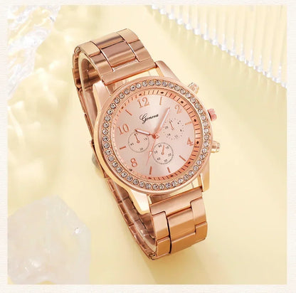 6PCS Set Rose Gold Luxury Watch Women Ring Necklace Earring Rhinestone Fashion Wristwatch Casual Ladies Bracelet Watches