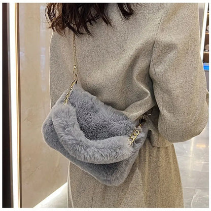 Fashion Women Fluffy Shoulder Bag – Winter Chain Underarm Bag with Soft Plush Handle