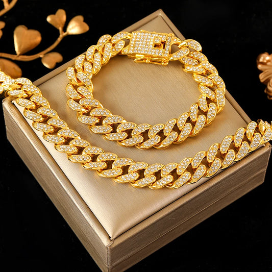 EILIECK Thick Cuban Zirconia Chain Necklace Bracelet Set For Women New Punk 18K Gold Plated Waterproof Jewelry Party Gift Bijoux