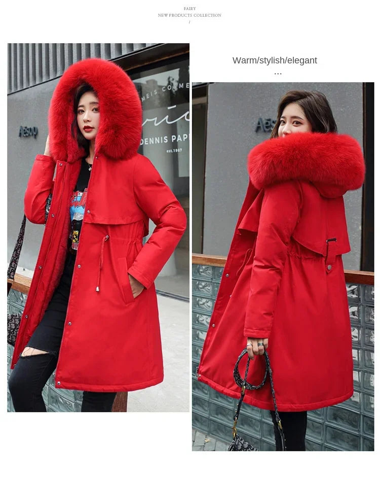 Long Hooded Parka with Wool Liner and Fur Collar Thick and Warm