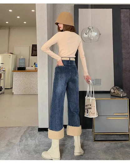 Lamb Wool Wide Leg Jeans for Women Fluffy Autumn and Winter New Styles Internet Famous Outfit Cropped Straight Leg Pants Trendy