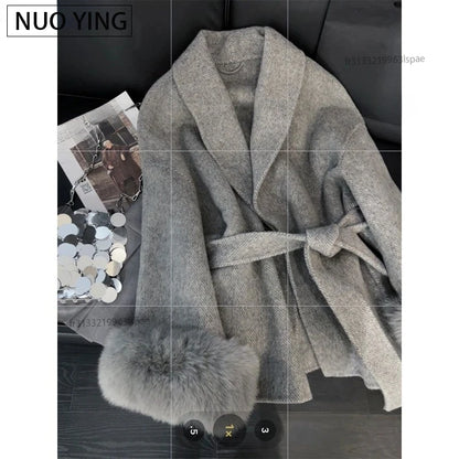 Women's Grey Wool Blend Overcoat with Faux Fur and Long Sleeves