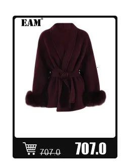 Wine Red Woolen Coat with Fur Cuffs and Belted Design