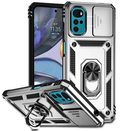 Armor Shockproof Case For Motorola: Ring Holder, Slide Window, Lens Protection Phone Cover