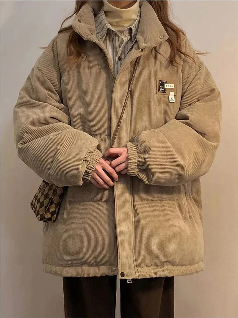 Oversized Corduroy Puffer Coat with Pockets Warm and Retro Y2K Style