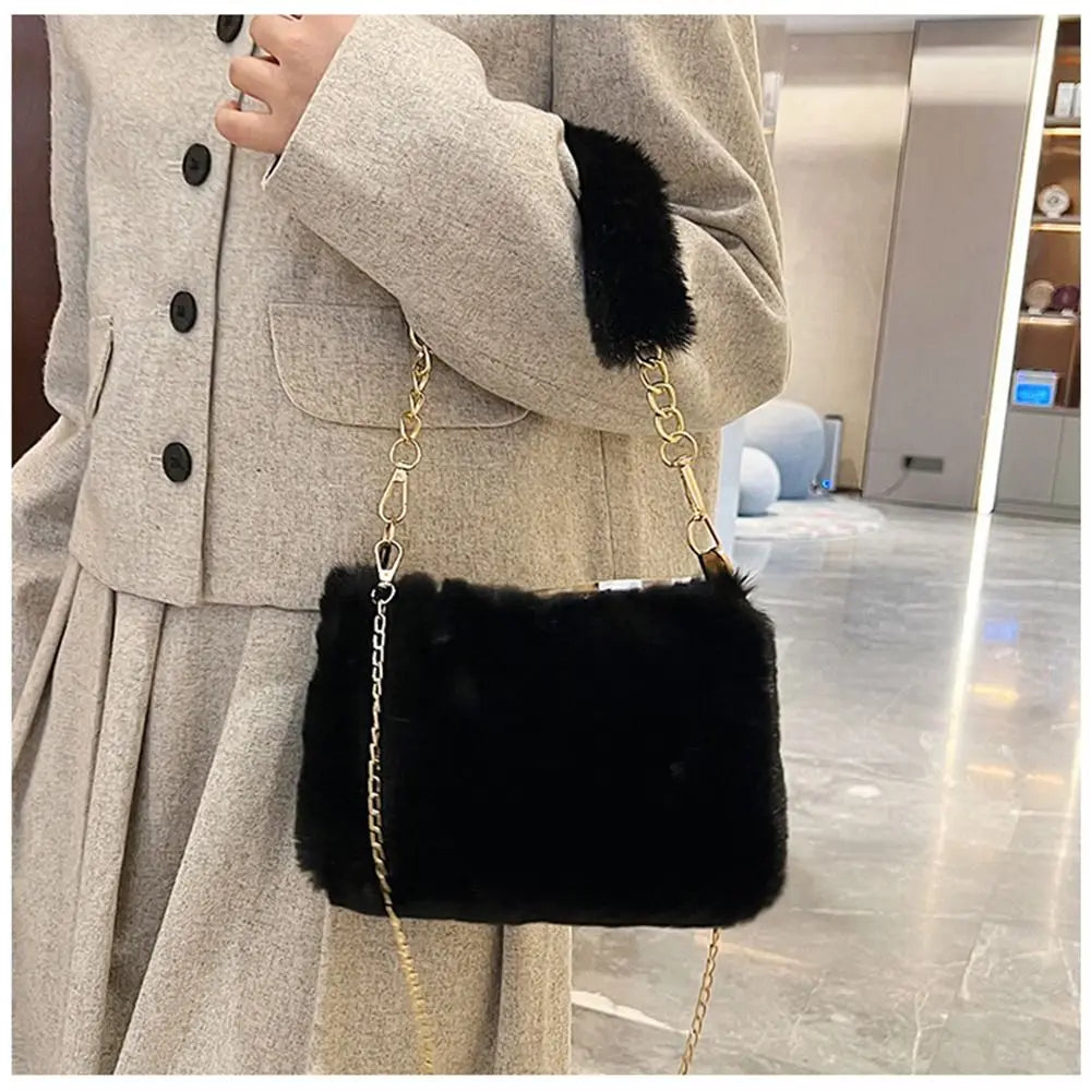 Fashion Women Fluffy Shoulder Bag – Winter Chain Underarm Bag with Soft Plush Handle