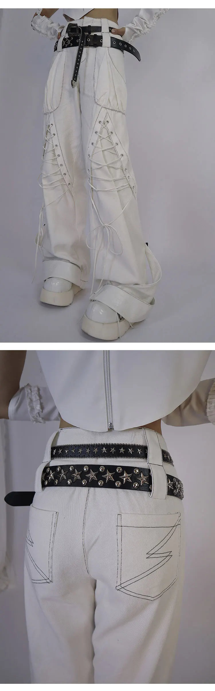 Y2K Low Waist White Jeans with Bandage Detail and Baggy Fit