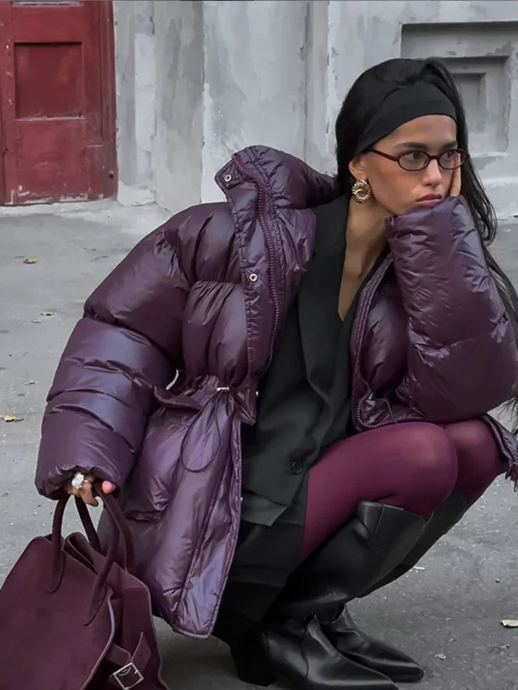 Burgundy Down Jacket with Stand Collar and Pockets Elegant and Warm