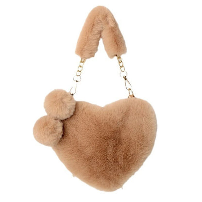 Faux Fur Heart-shaped Women Small Handbags – Fluffy Plush Ladies Chain Shoulder Bag, Fashion Female Furry Daily Clutch Purse.