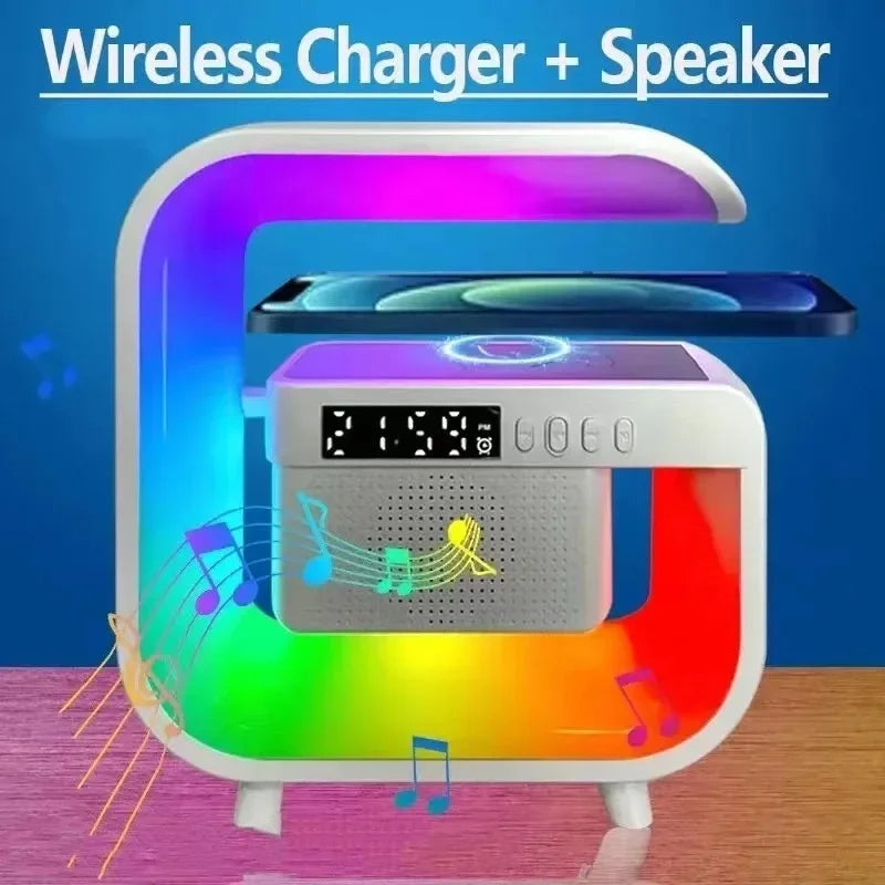 Multifunction Wireless Charger Stand – Bluetooth 5.0 Speaker, FM, TF, RGB Night Light, Fast Charging for iPhone & Samsung