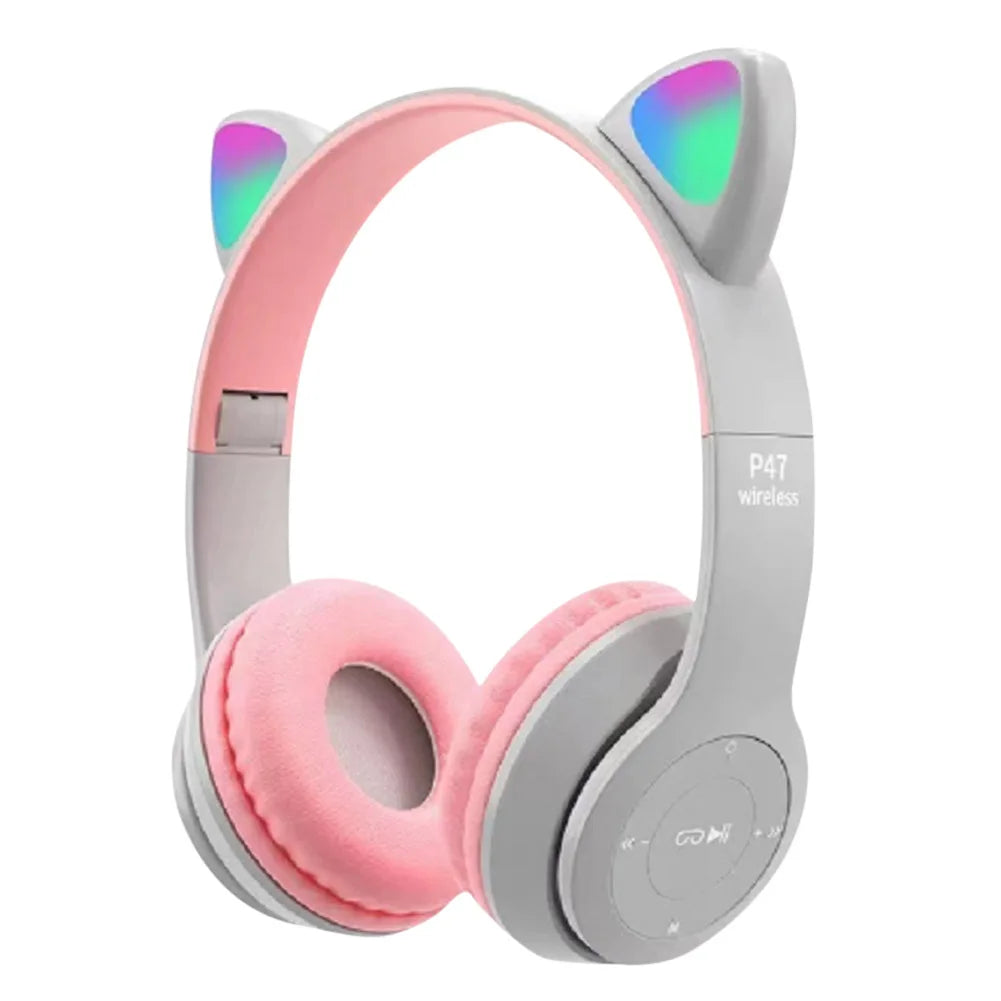 Söta Cat Ear-hörlurar med RGB LED-ljus Trådlöst Headset Barn Flickor Stereo Telefon Musik Bluetooth Headset PC Gamer Present