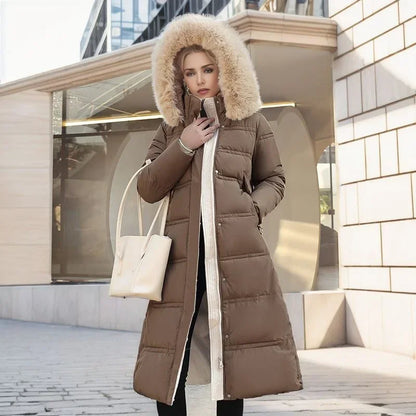 Hooded Long Parka with Fur Collar Warm and Casual