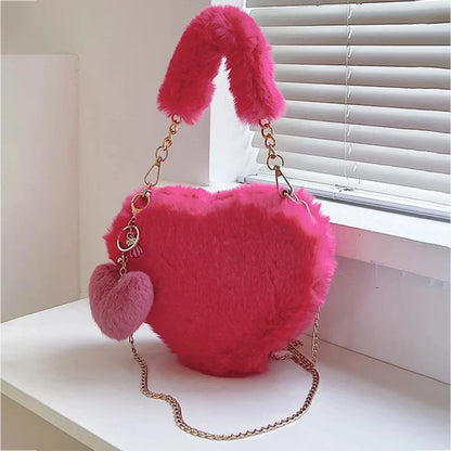 Faux Fur Heart-shaped Women Small Handbags – Fluffy Plush Ladies Chain Shoulder Bag, Fashion Female Furry Daily Clutch Purse.