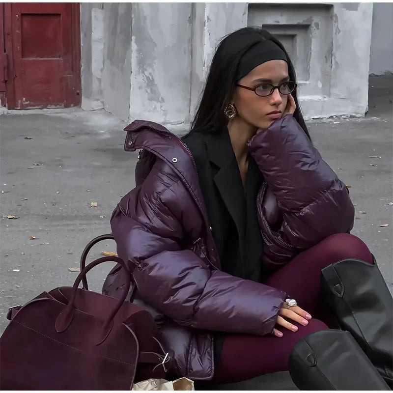 Burgundy Down Jacket with Stand Collar and Pockets Elegant and Warm