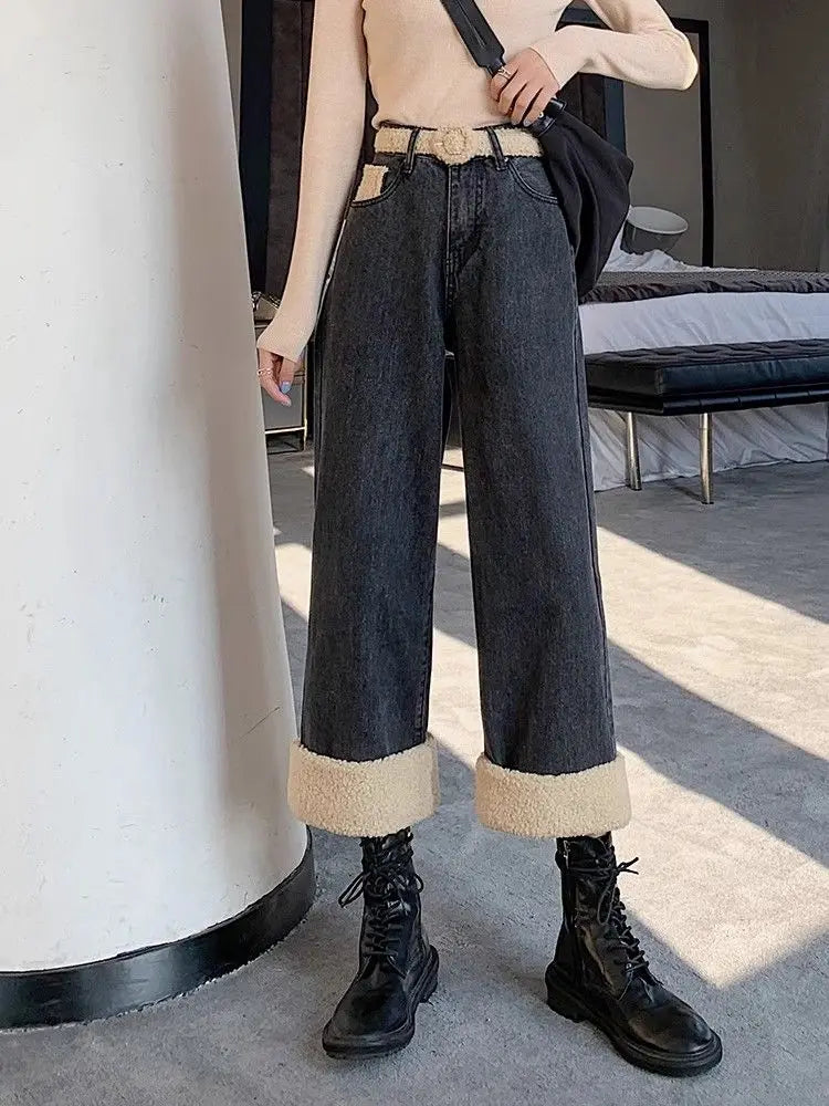 Lamb Wool Wide Leg Jeans for Women Fluffy Autumn and Winter New Styles Internet Famous Outfit Cropped Straight Leg Pants Trendy