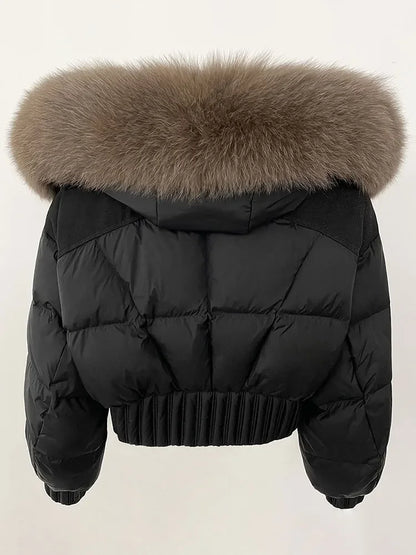 Short Hooded Down Coat with Real Raccoon Fox Fur Collar Warm and Casual