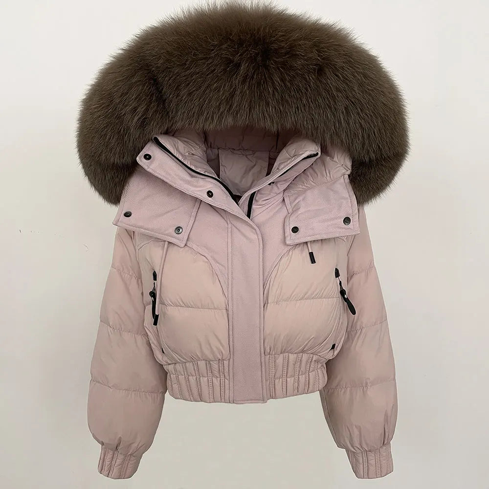 Short Hooded Down Coat with Real Raccoon Fox Fur Collar Warm and Casual