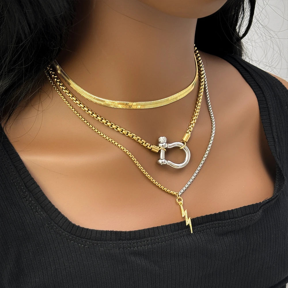 Vattentäta smycken 18K guldpläterade rostfritt stål Box Chain Choker Halsband Dubbelfärg Chunky Horseshoe Halsband för kvinnor