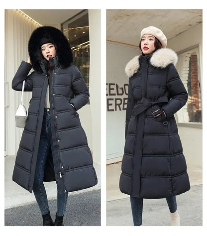 Extra Long Padded Parka with Faux Fur Collar Loose Fit