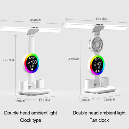 Uppladdningsbar LED-bordslampa med fläkt – Skrivbordsläslampa, nattlampa och klockdisplay