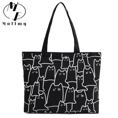 Canvas Handbag for Women – Fashion Cute Cat Tote Messenger Bags with Zipper, Designer Bag, Ladies Cartoon Shoulder Shopper Bags.