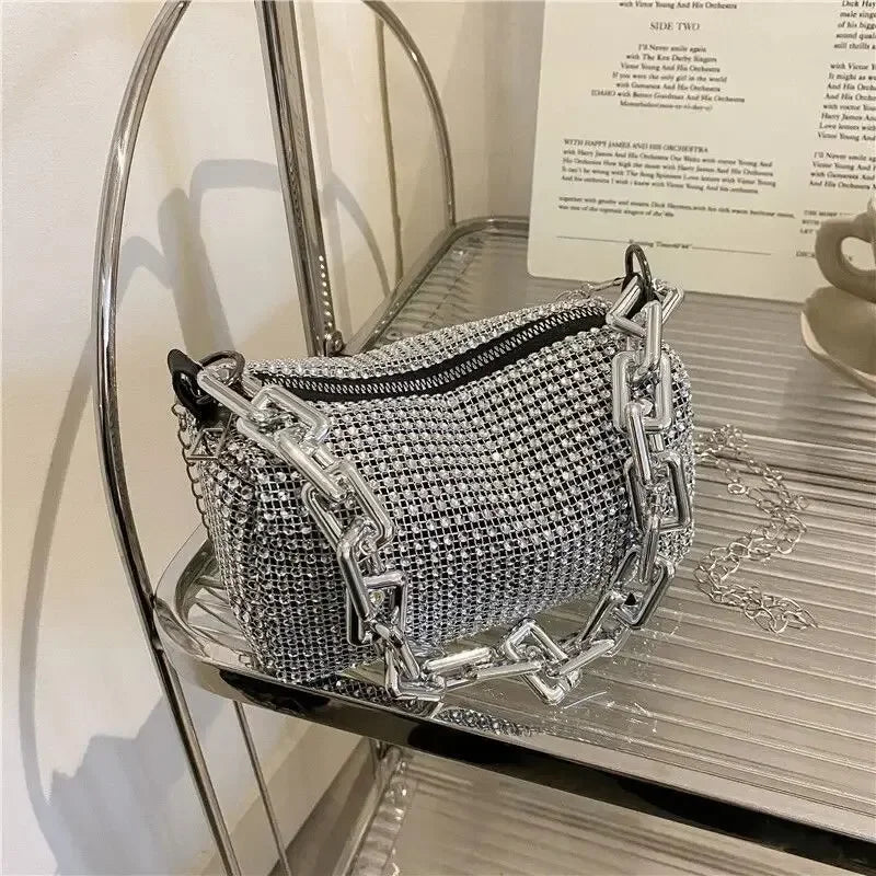 Rhinestone Bucket Bag: Women's Mini Crossbody Glitter Chain Prom Purse