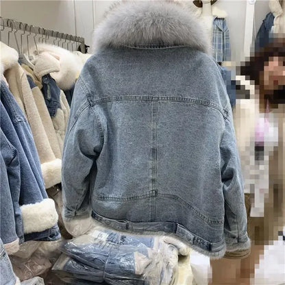 Women's Korean Style Fleece Lined Denim Jacket with Cotton Filling