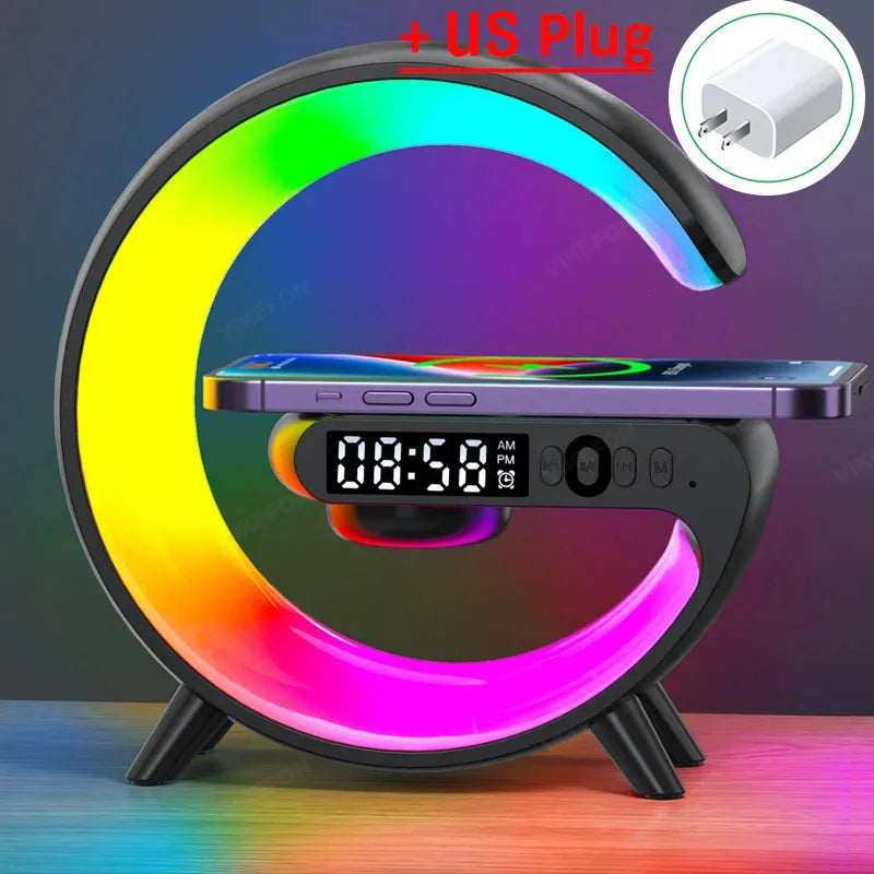 Multifunktions Trådlös laddare Stativ Pad RGB Ljus Väckarklocka Högtalare för iPhone Samsung Xiaomi Mini Snabbladdning Dock Station