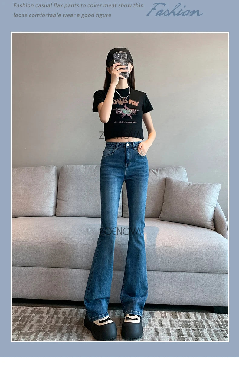 ZOENOVA Harajuku Street Casual Simple Solid Color Women's Jeans 2024 New Fashion Lady High Waist Slim VersatileMicro Flare Pants