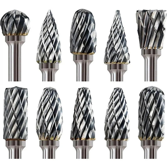 10 PCs 1/8" Shank Tungsten Carbide Milling Cutter Rotary Tool Burr Double Diamond Cut Rotary Dremel Tools Electric Grinding