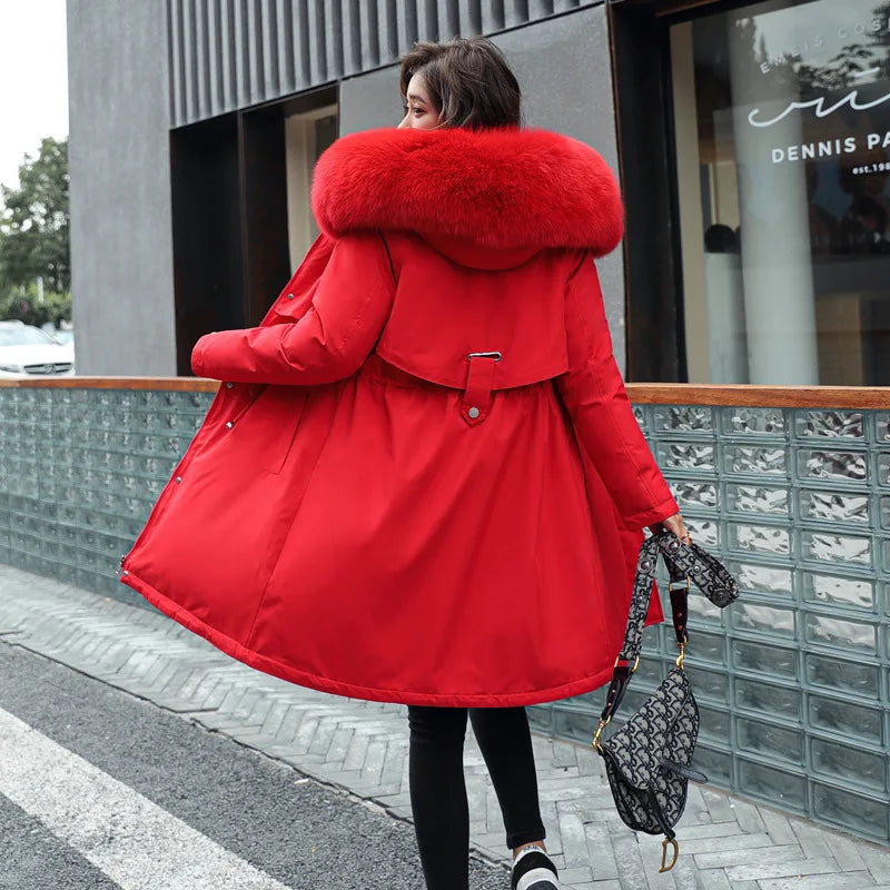 Long Hooded Parka with Wool Liner and Fur Collar Thick and Warm